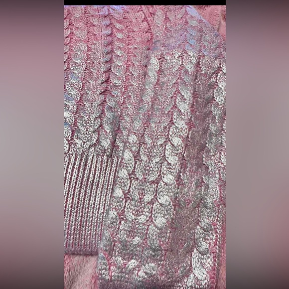Cozy Foil Round Neck Cable Knitted Pullover Long Sleeve Pink Silver Sweater Top - Picture 6 of 6